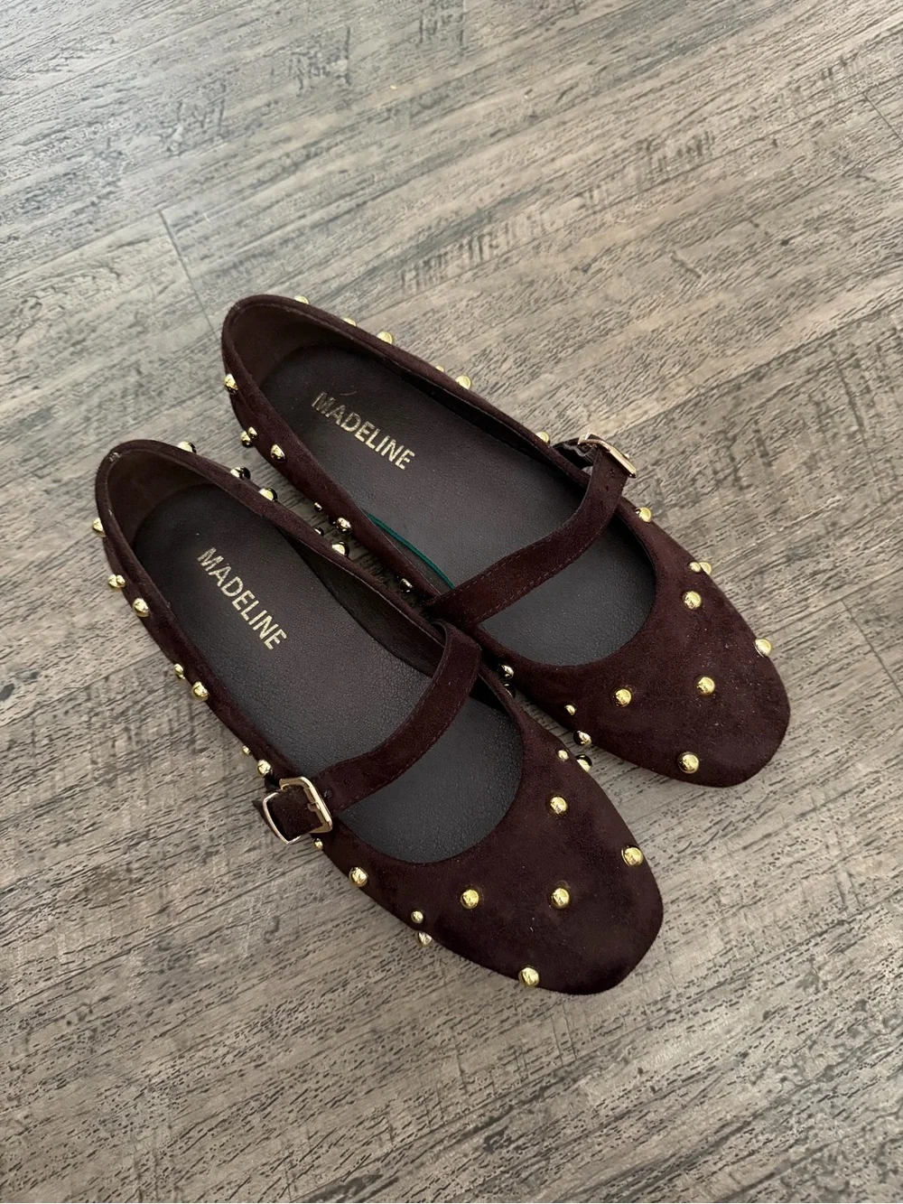 Madeline Dark Brown Gold Studded Mary Jane Flats Women Size 7